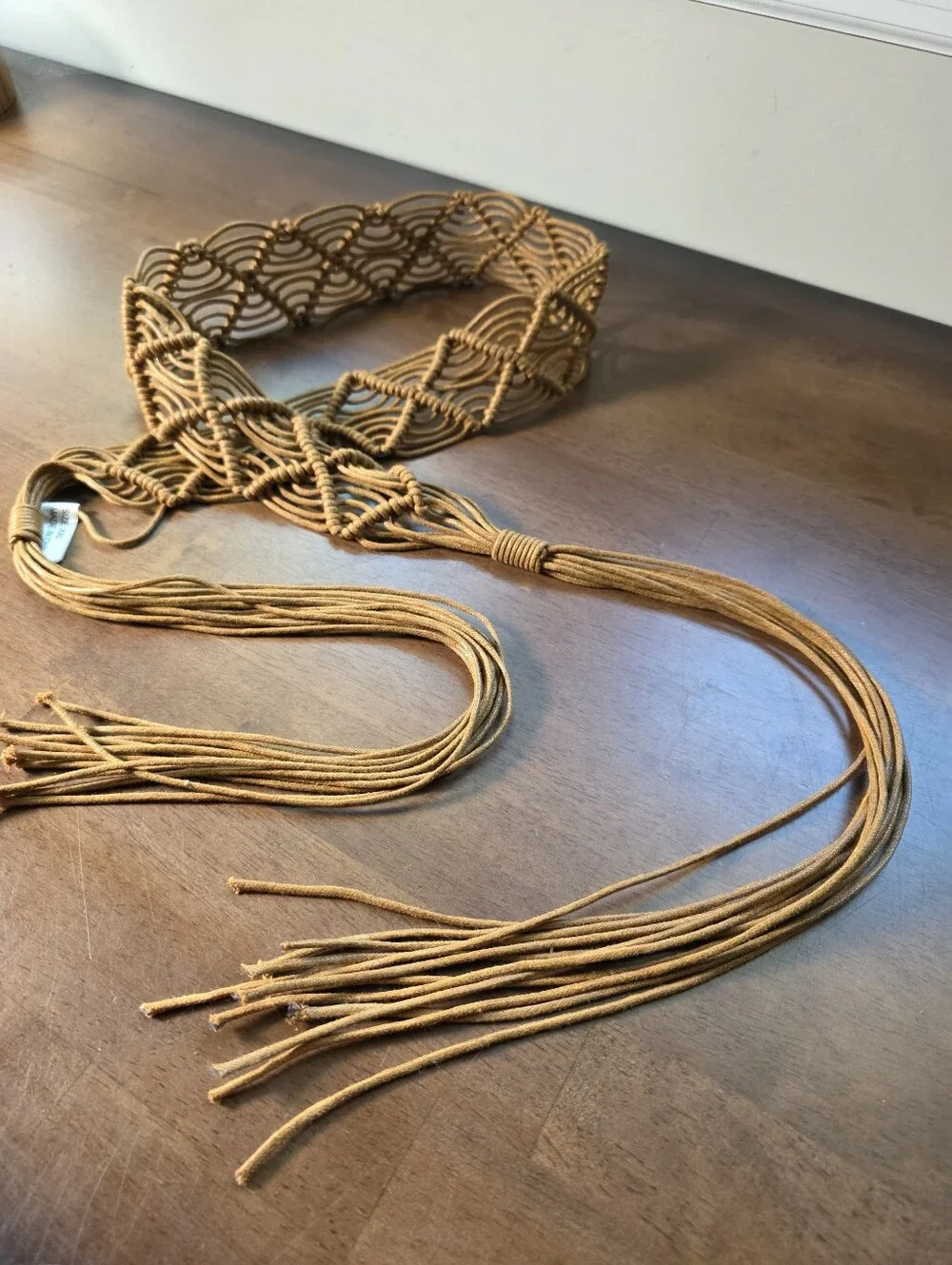 Boho Macramé Woven Tie Belt Tan Fringed Tassel Plus Size XXL